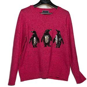 Karen Scott Sequined Penguin Long Sleeve Pink Sweater XL